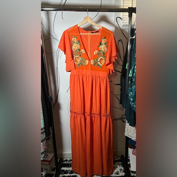 Zaful Floor Length Orange Gown w/Floral Embroidered Appliqués, Sheer Bust Sz L - Picture 1 of 8